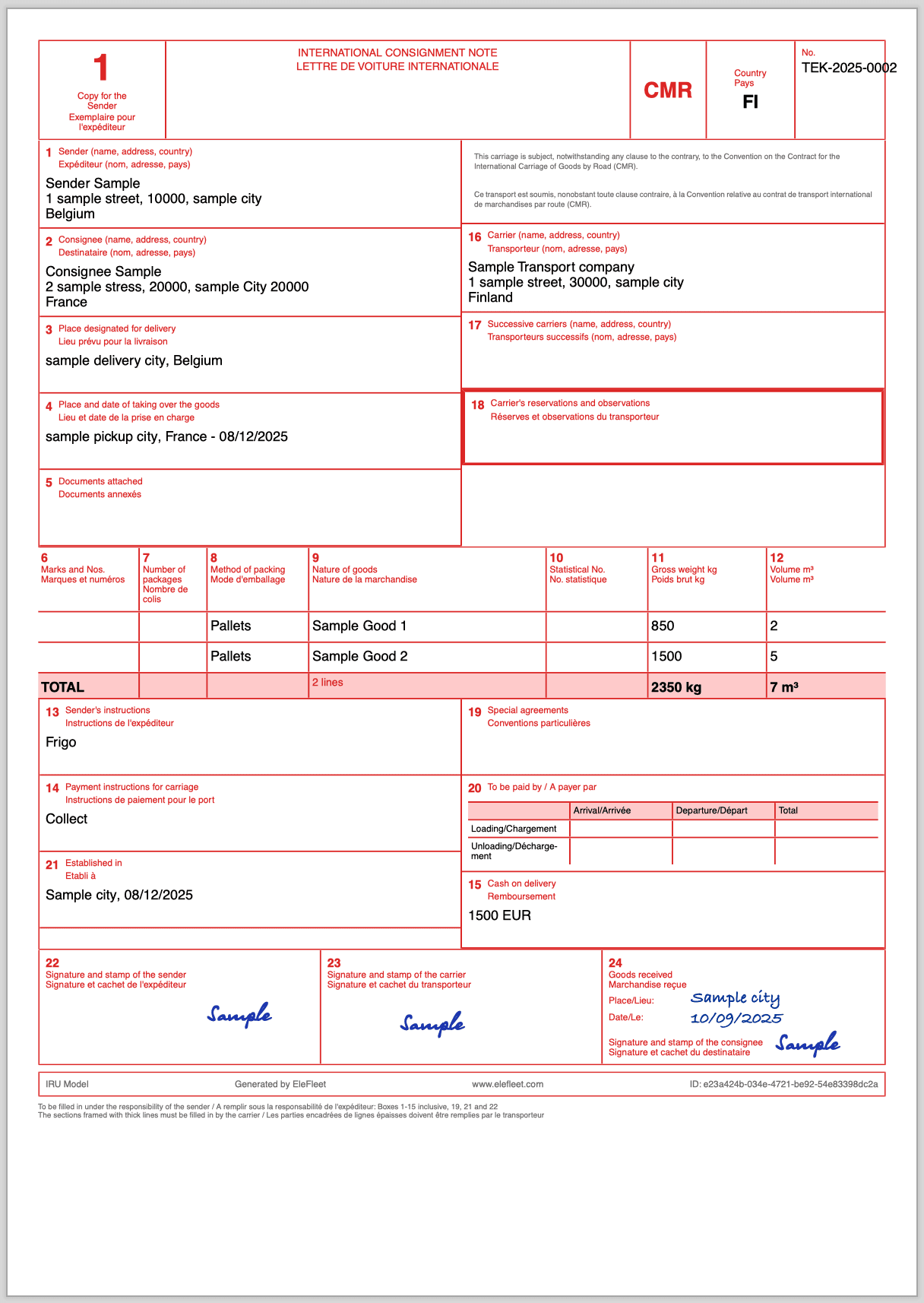 Signed CMR consignment note PDF generated by EleFleet